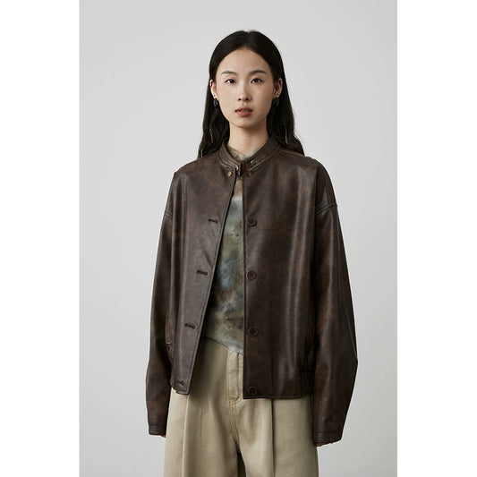 CAREMIND Chaqueta de cuero negra de temperamento retro estilo Hong Kong 2024 nueva chaqueta de cuero con silueta de agua de lavado superior simple 