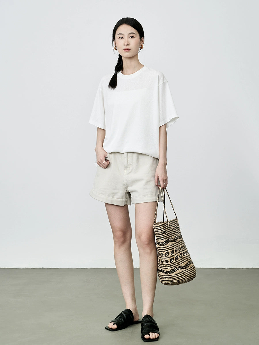 Camiseta básica de manga corta blanca versátil CAREMIND con cuello redondo y cinco mangas en los hombros 