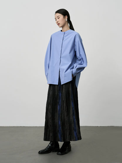 [Slow Daily] CAREMIND Premium New Chinese Neckline Button Shirt Temperament Pull Full Blue Versatile Shirt