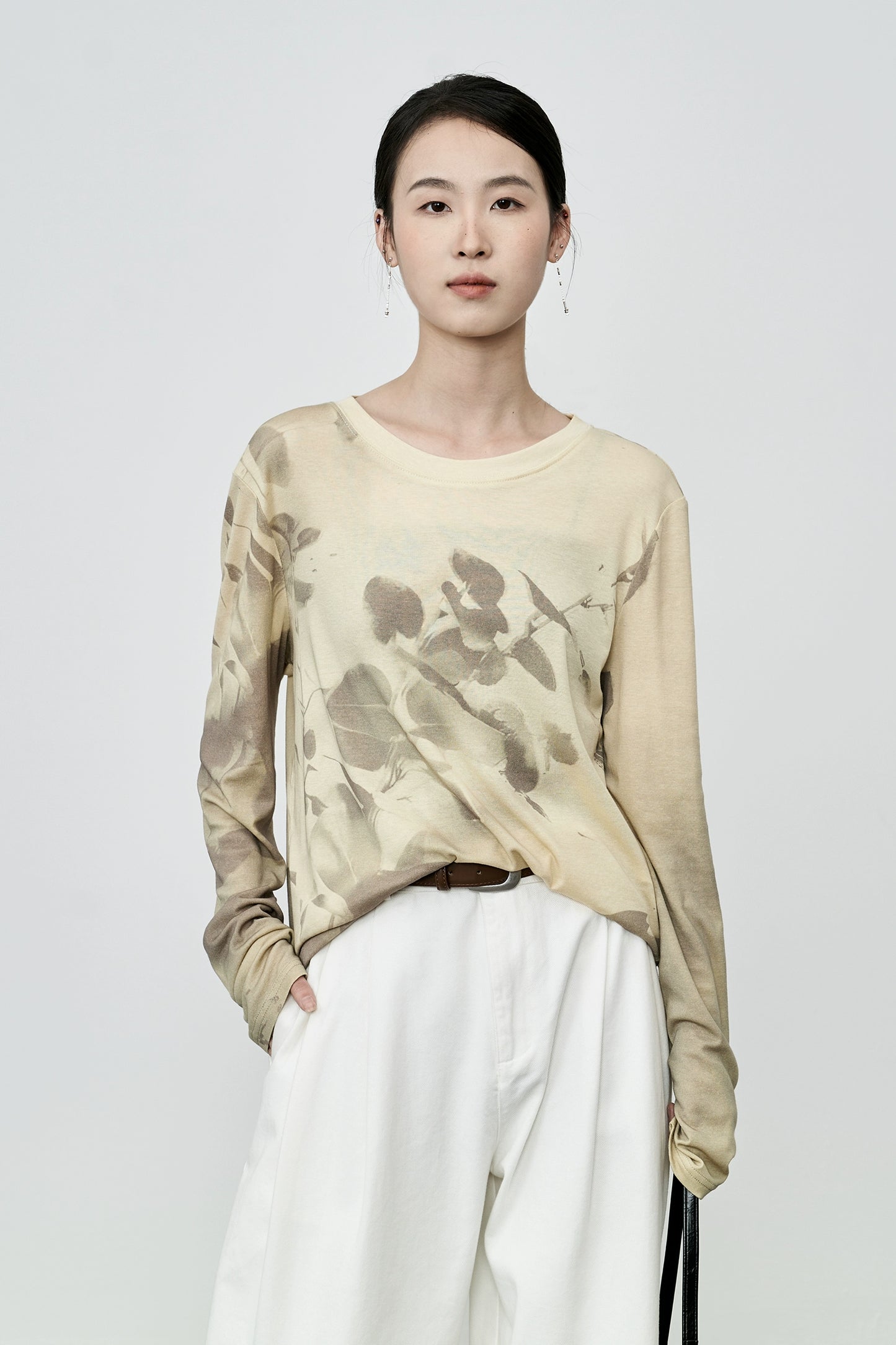 CAREMIND2024 nueva camiseta de manga larga con pintura de tinta de albaricoque amarillo de otoño, top de malla manchado 