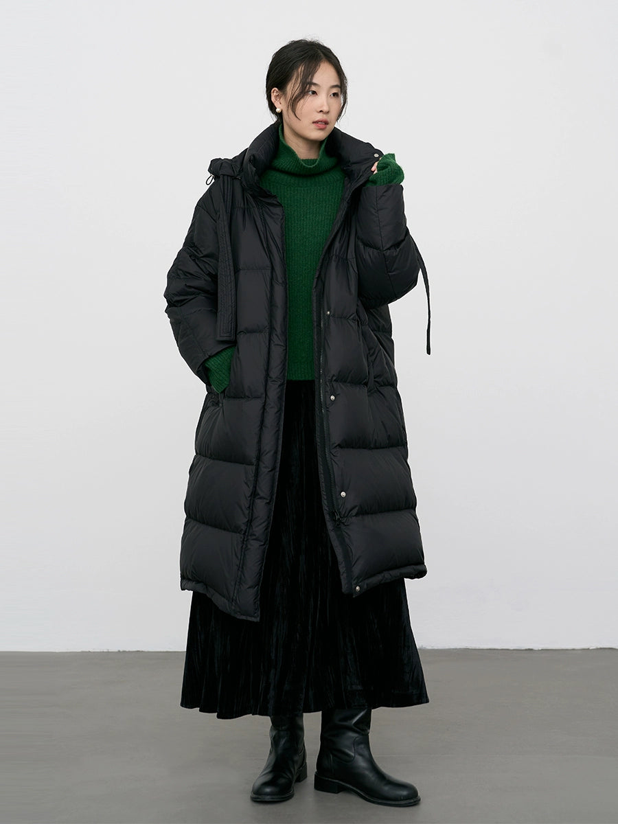 CAREMIND Chaqueta de plumón con capucha hasta la rodilla blanca para mujer, chaqueta térmica de plumón 90 % 