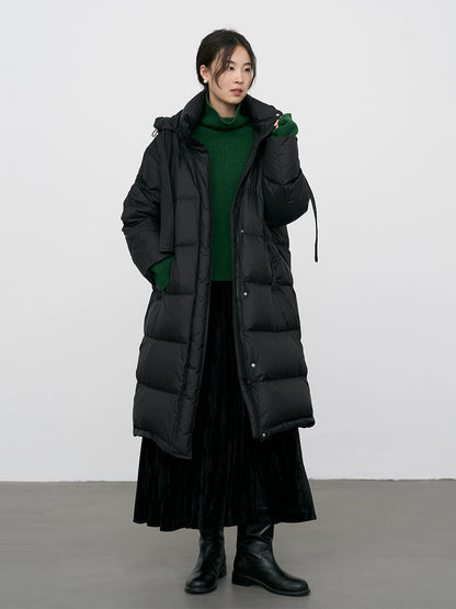 CAREMIND Chaqueta de plumón con capucha hasta la rodilla blanca para mujer, chaqueta térmica de plumón 90 % 