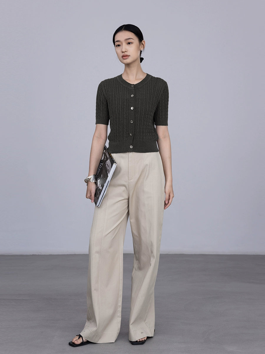 [Special Price] Two-color ramie knitted single-breasted cardigan top shows temperament elastic crew neck short sleeves