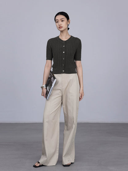 [Special Price] Two-color ramie knitted single-breasted cardigan top shows temperament elastic crew neck short sleeves