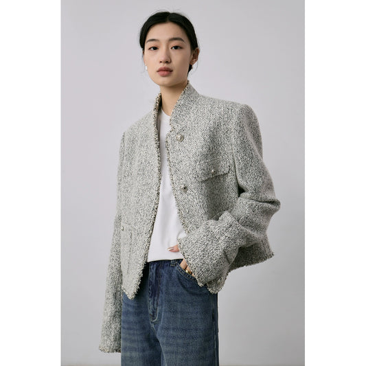 [Special price] Gray texture small fragrant coat women's short exquisite stand-up neck cardigan top autumn and winter new