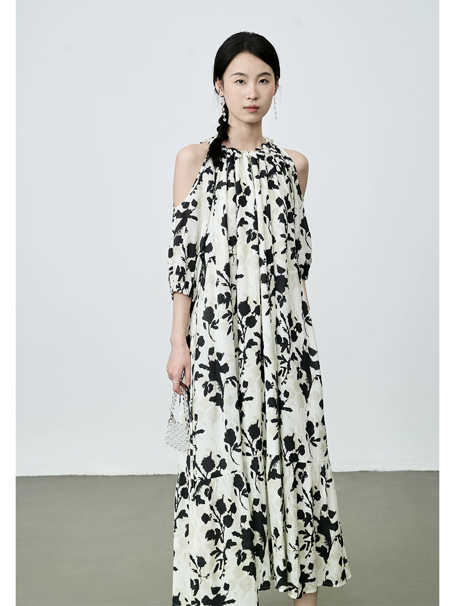 [Emergente en verano] Vestido con cuello con estampado de flores de CAREMIND Vestido de vacaciones original con hombros descubiertos para mujer 