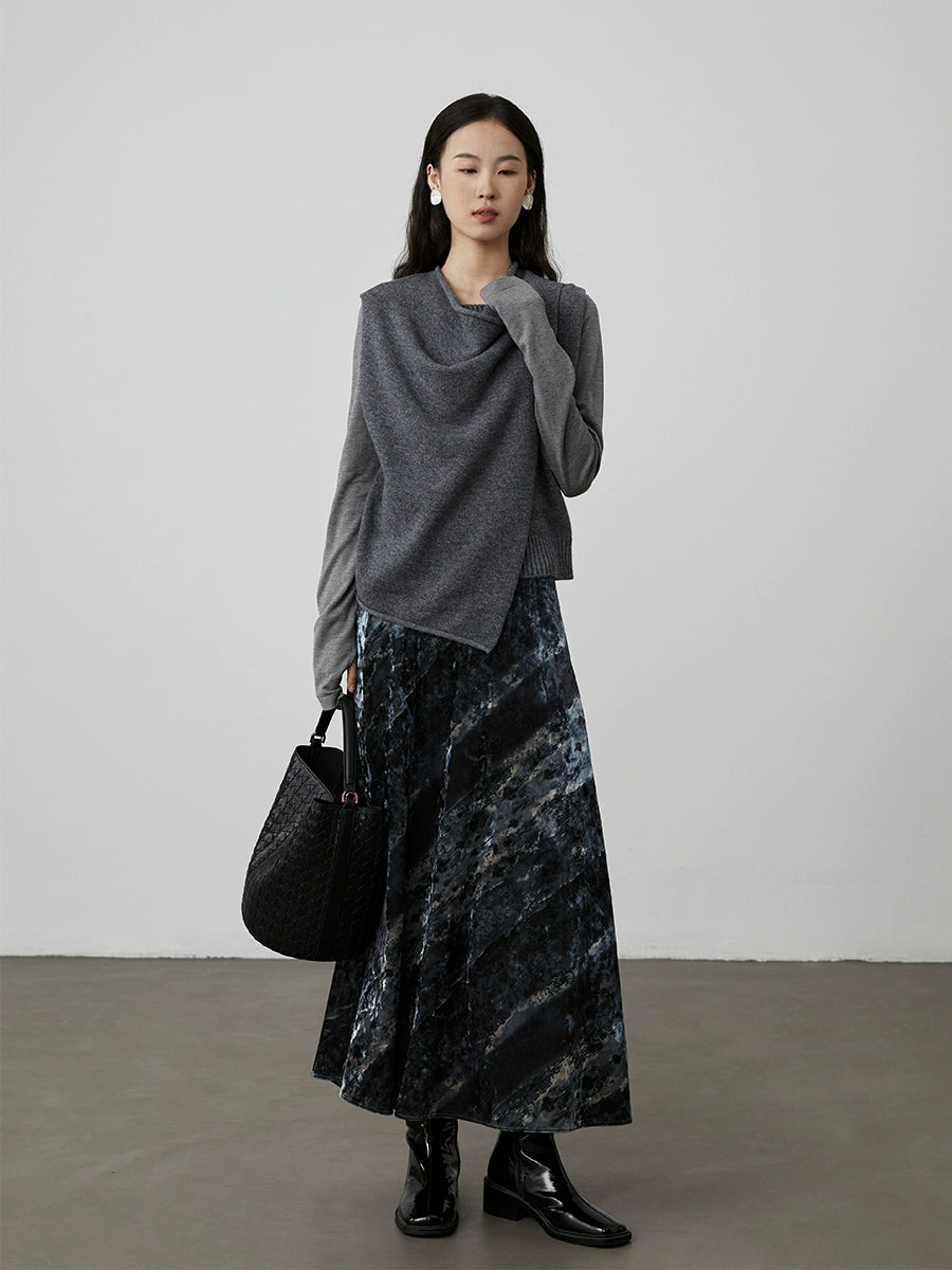 [Playa negra] Falda con textura de color contrastante de terciopelo azul niebla de CAREMIND Falda ajustada de cintura alta francesa con palabra A para mujer 