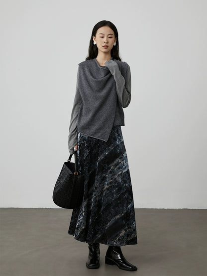 [Playa negra] Falda con textura de color contrastante de terciopelo azul niebla de CAREMIND Falda ajustada de cintura alta francesa con palabra A para mujer 