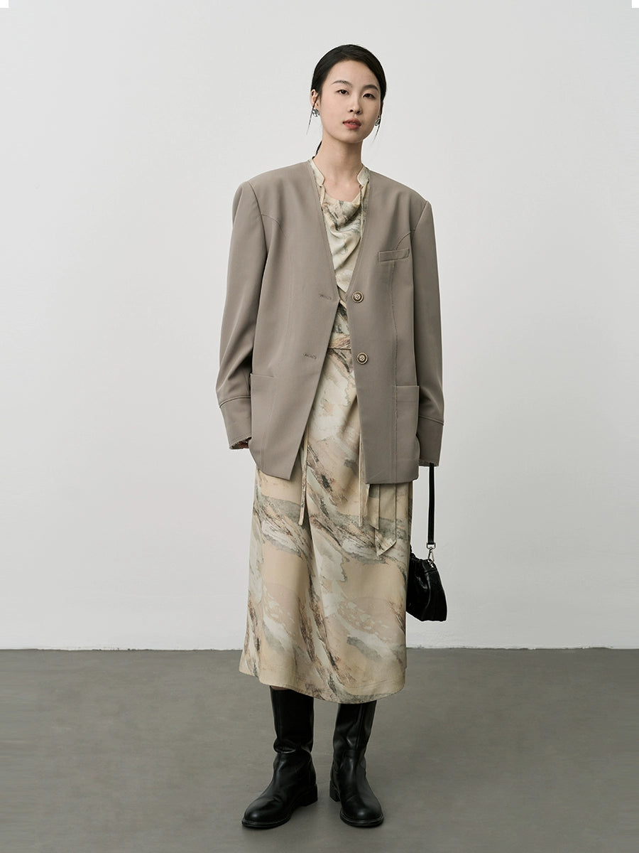 CAREMIND Nouvelle robe à manches longues et à lacets, motif peinture à l'encre de Chine, mi-longue et douce pour la peau, col pivotant