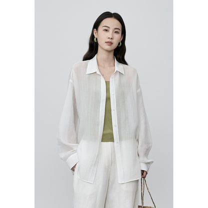 Camisa informal de tencel de ramio súper blanca y morada de CAREMIND, nueva camisa de protección solar versátil para otoño, camisa para viajeros 