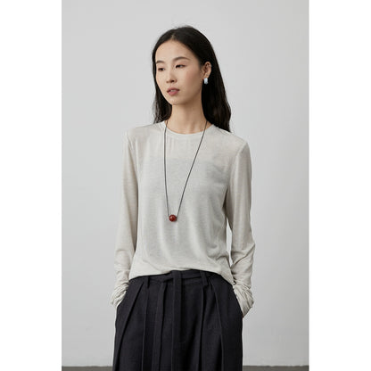 [Monet Base] Camiseta básica de tencel con cuello redondo y manga larga interior con abertura en los extremos para mujer de CAREMIND 