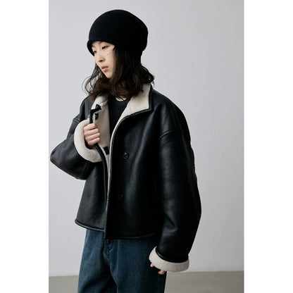 Chaqueta negra corta cálida y resistente al viento con pelo integrado de CAREMIND, chaqueta de solapa de locomotora de moda para mujer 