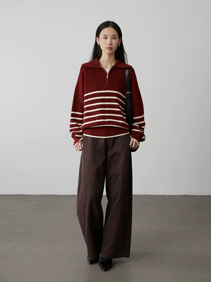 [Amigos] Suéter de solapa con rayas en contraste color caramelo de CAREMIND Suéter de punto holgado y holgado para primavera y otoño 