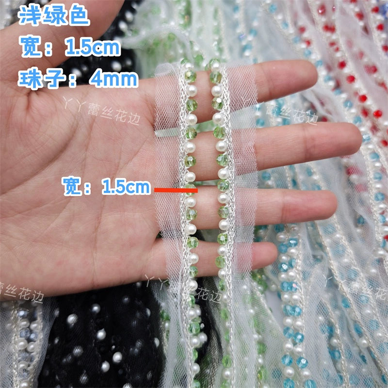 Cinta de encaje con diamantes de imitación de perlas de 1,5 cm de ancho, ideal para hacer puños, escotes, vestidos de novia, correas de hombro, accesorios para el cabello y sombreros.