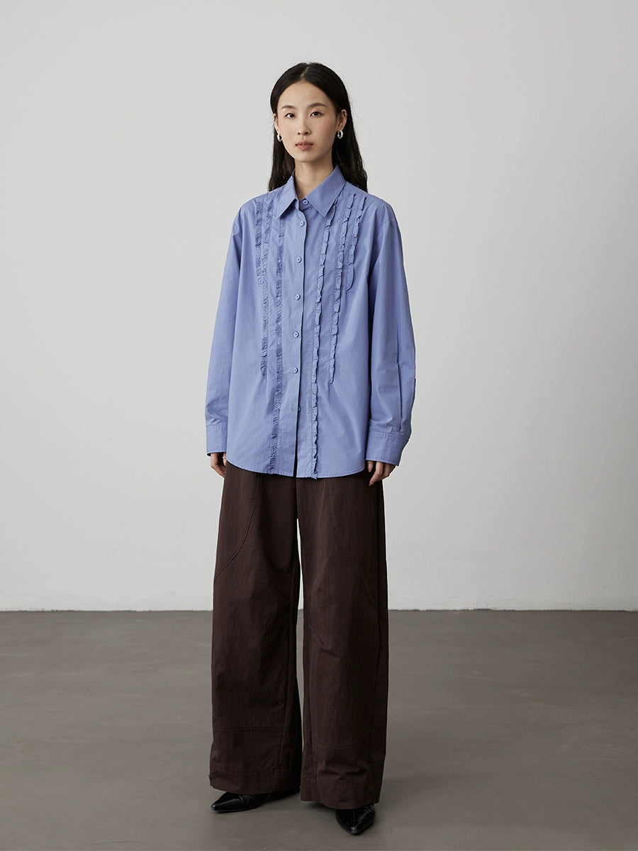 [Jacinto] CAREMIND camisa clásica azul romántica nicho empalme hongo borde manga larga top mujer otoño 