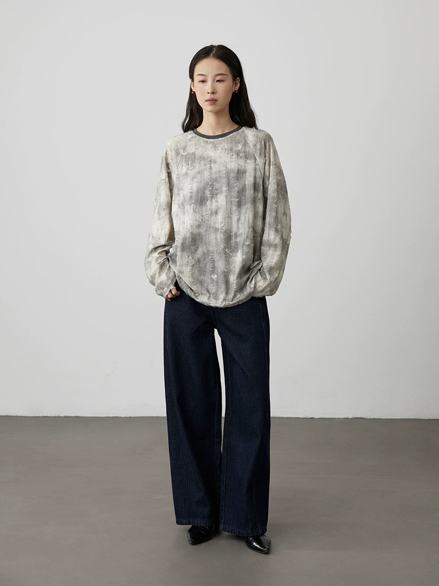 [Notas flotantes] Camiseta de manga larga con cuello redondo y manchas irregulares holgadas de CAREMIND, parte inferior gris y blanca para mujer 