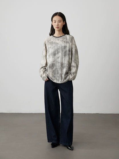 [Notas flotantes] Camiseta de manga larga con cuello redondo y manchas irregulares holgadas de CAREMIND, parte inferior gris y blanca para mujer 