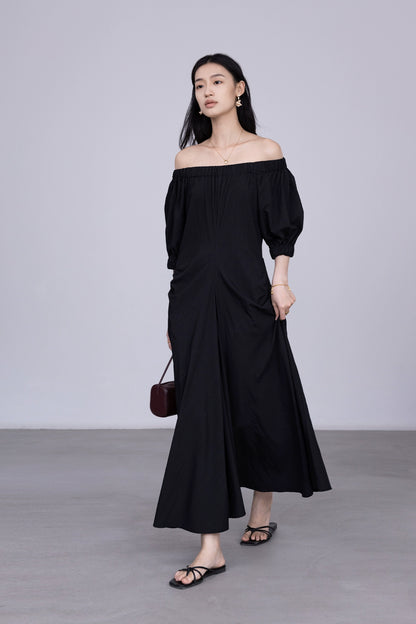 [Special Price] Black Round Neck Hot Light Dress Elastic Neck Shoulder Dress