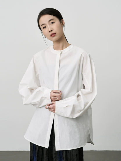 [Slow Daily] CAREMIND Premium New Chinese Neckline Button Shirt Temperament Pull Full Blue Versatile Shirt