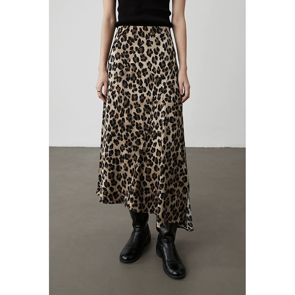 Falda con estampado de leopardo de estilo americano CAREMIND, falda larga con trazo oblicuo irregular y forma de A 