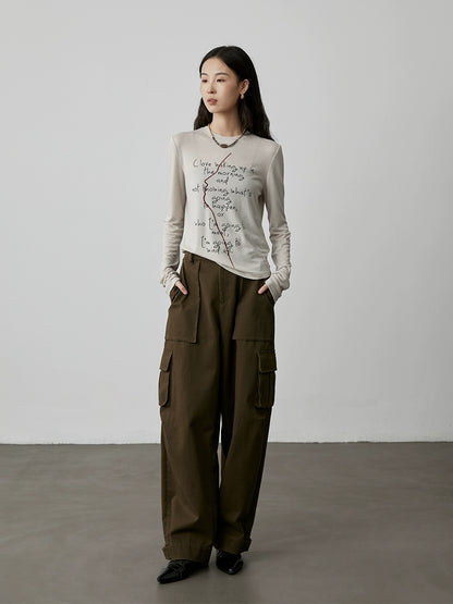 [City Tooling] Pantalones de trabajo holgados y rectos color verde oliva CAREMIND para mujer, de cintura alta, con múltiples bolsillos y pernera ancha 