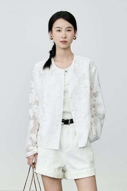 [Jacquard en relieve] Nueva camisa china de protección solar CAREMIND Chaqueta ligera de cuello redondo blanca Xiaoxiangfeng Top Otoño 