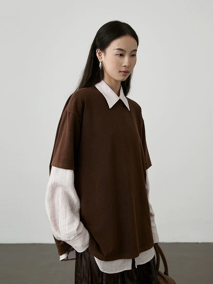 [Café helado] Camiseta holgada de cuello redondo color café de CAREMIND, camiseta fina de manga corta apilada de longitud media y larga, primavera y otoño 