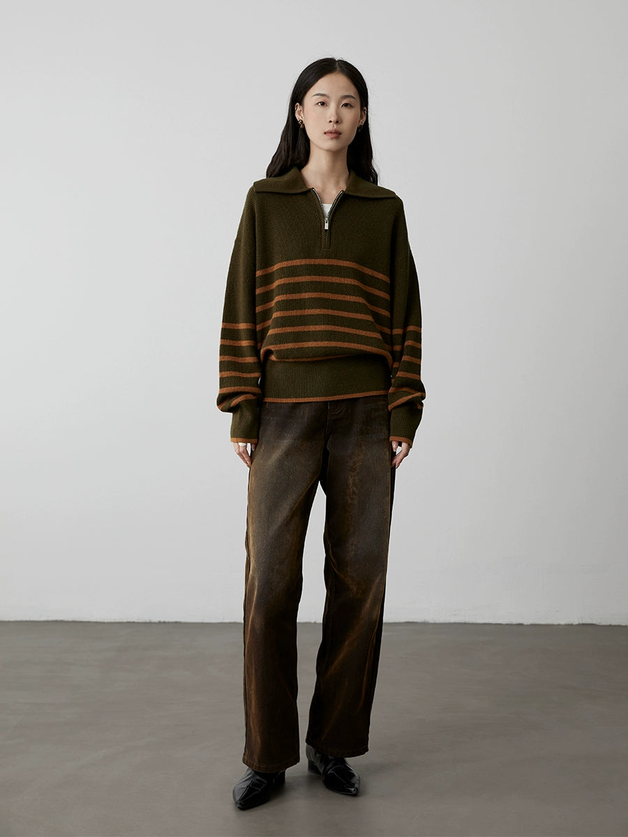 [Amigos] Suéter de solapa con rayas en contraste color caramelo de CAREMIND Suéter de punto holgado y holgado para primavera y otoño 