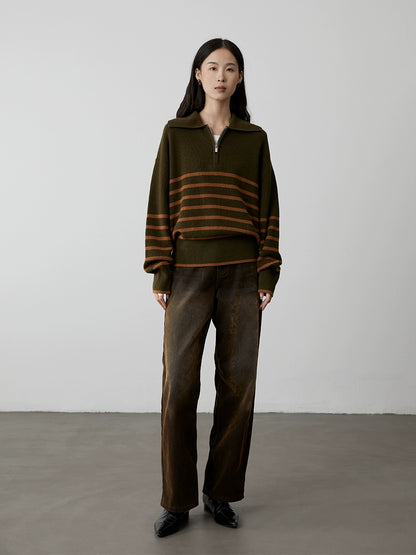 [Amigos] Suéter de solapa con rayas en contraste color caramelo de CAREMIND Suéter de punto holgado y holgado para primavera y otoño 