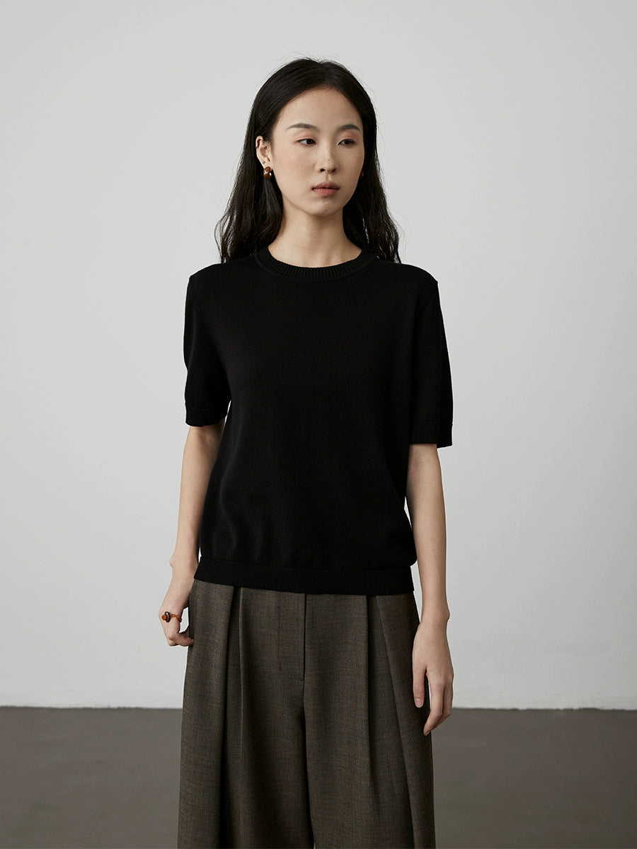 [Soft Wool Weaving] CAREMIND Simple Two-Color Short Sleeve Knitted T-Shirt Top Casual Crew Neck Skin-friendly Inside