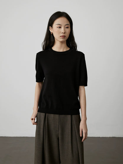 [Soft Wool Weaving] CAREMIND Simple Two-Color Short Sleeve Knitted T-Shirt Top Casual Crew Neck Skin-friendly Inside