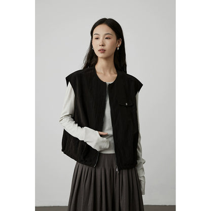 [Wanderer Vest] CAREMIND Black Japanese Tooling Short Vest Jacket Sleeveless Zipper Cardigan