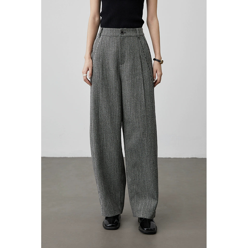 [Pantalones Charles] Pantalones de sarga de espiga gris de cintura alta CAREMIND, pantalones casuales rectos para mujer, primavera y otoño 