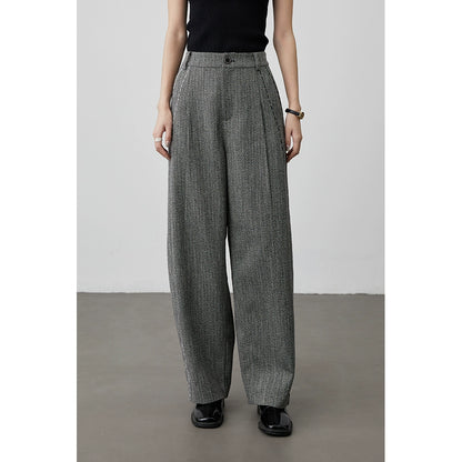 [Pantalones Charles] Pantalones de sarga de espiga gris de cintura alta CAREMIND, pantalones casuales rectos para mujer, primavera y otoño 