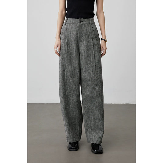 [Pantalones Charles] Pantalones de sarga de espiga gris de cintura alta CAREMIND, pantalones casuales rectos para mujer, primavera y otoño 