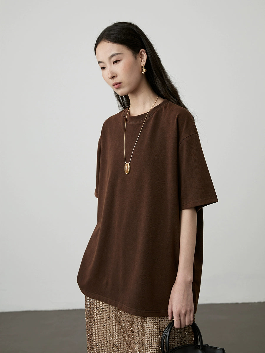 [Café helado] Camiseta holgada de cuello redondo color café de CAREMIND, camiseta fina de manga corta apilada de longitud media y larga, primavera y otoño 