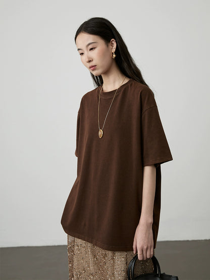 [Café helado] Camiseta holgada de cuello redondo color café de CAREMIND, camiseta fina de manga corta apilada de longitud media y larga, primavera y otoño 