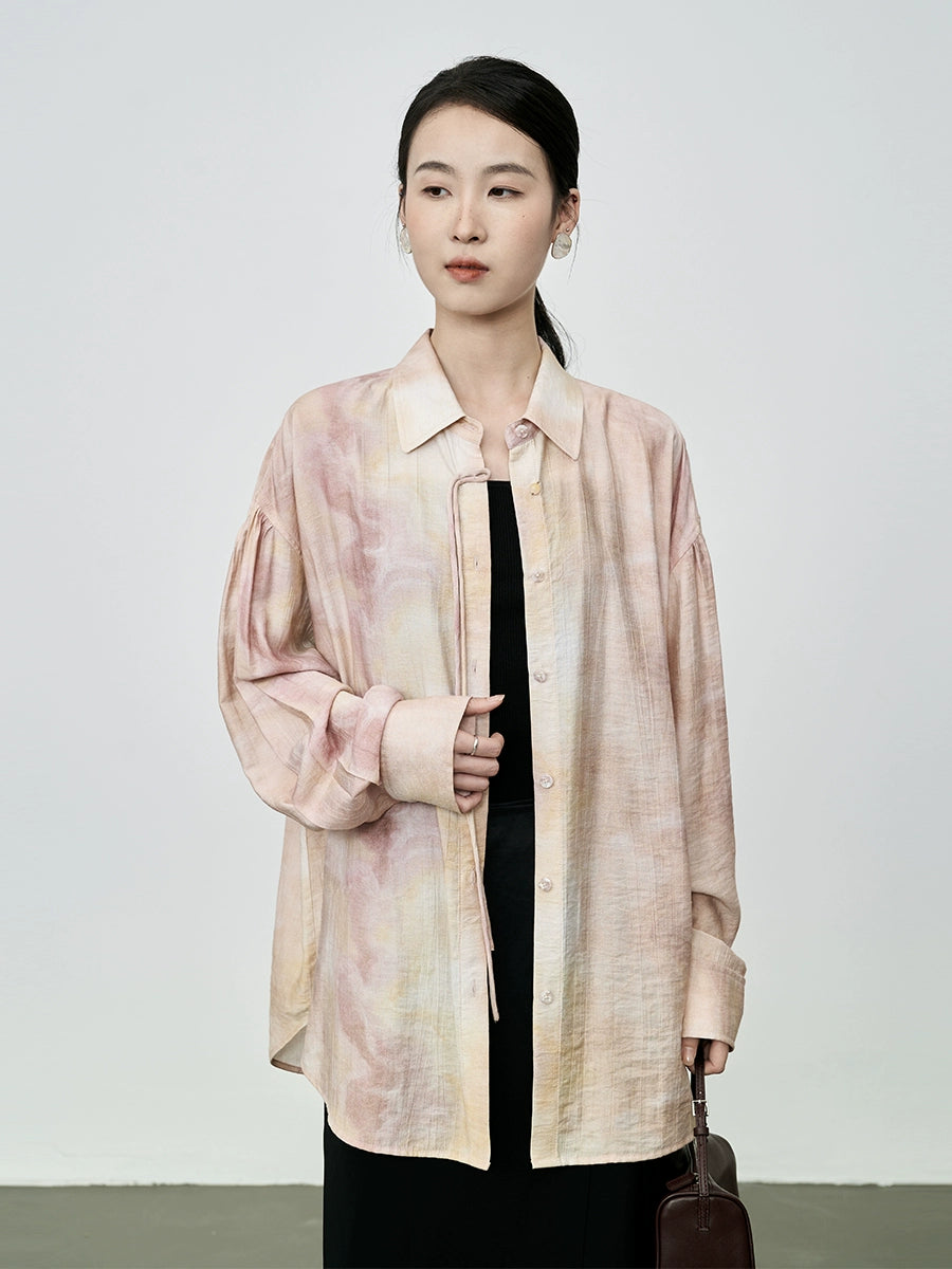 CAREMIND Nouvelle chemise à boutons fumés pêche chinoise Design d'été Tache d'encre Chemise à manches longues fine et climatisée