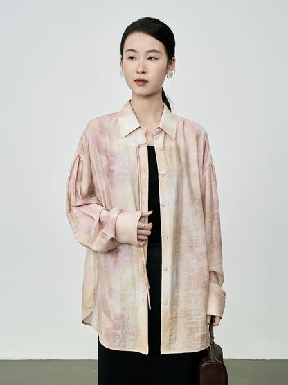 CAREMIND Nouvelle chemise à boutons fumés pêche chinoise Design d'été Tache d'encre Chemise à manches longues fine et climatisée