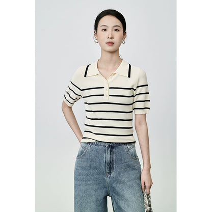 Camiseta tipo polo de rayas retro a juego de colores de CAREMIND, camiseta de manga corta de punto pequeña y ajustada para mujer 