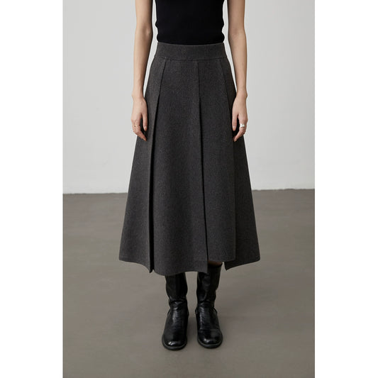 [Falda tejida de lana estilo salón político] Falda plisada de color sólido CAREMIND Falda de lana mediana y larga de otoño e invierno para desplazamientos versátiles 