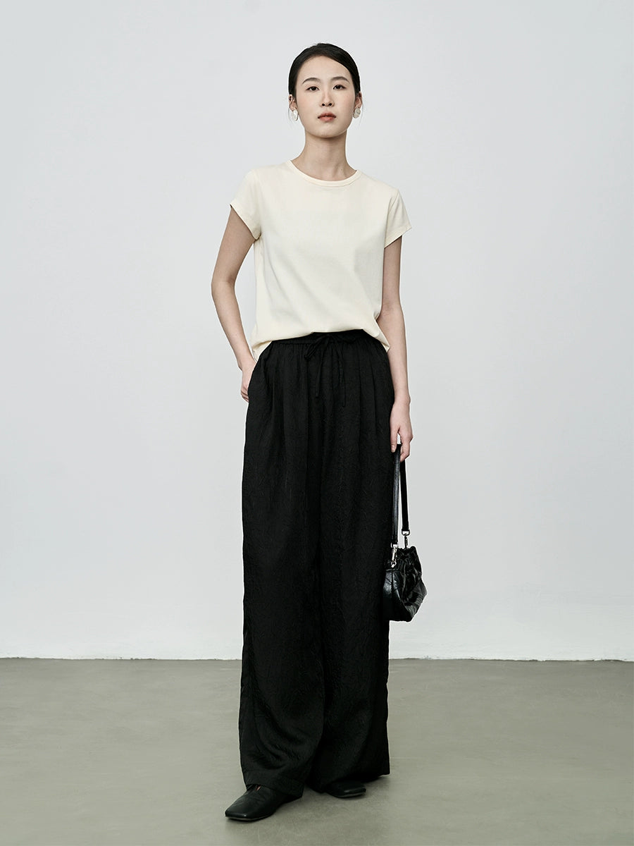 Pantalones anchos con textura y cintura alta con elástico prensado de CAREMIND Pantalones rectos holgados y ajustados 