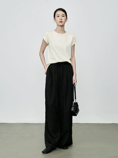 Pantalones anchos con textura y cintura alta con elástico prensado de CAREMIND Pantalones rectos holgados y ajustados 