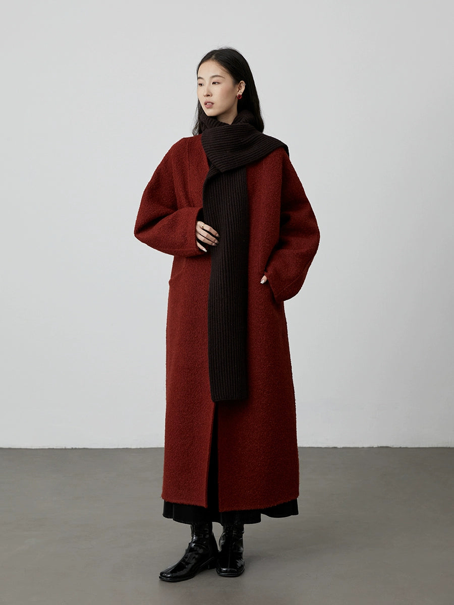 [Abrigo rojo] CAREMIND ligero de lujo rojo cinabrio sin cuello de doble cara abrigo de lana perezoso de alta gama otoño e invierno 
