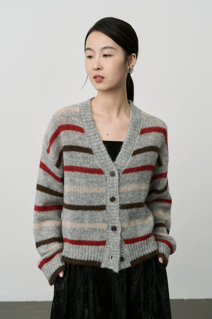 Chaqueta de punto con textura de mohair de primera calidad para mujer, cárdigan retro japonés de color contrastante de CAREMIND 