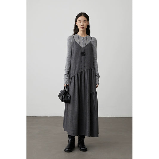 [Singing in the Rain] CAREMIND Grey V-Neck Suspender Dress Twill Irregular Sleeveless Stacked Medium and Long Dress