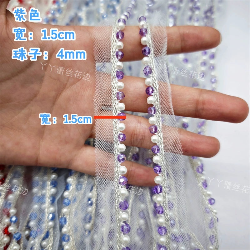 Cinta de encaje con diamantes de imitación de perlas de 1,5 cm de ancho, ideal para hacer puños, escotes, vestidos de novia, correas de hombro, accesorios para el cabello y sombreros.