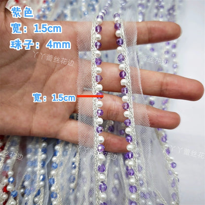 Cinta de encaje con diamantes de imitación de perlas de 1,5 cm de ancho, ideal para hacer puños, escotes, vestidos de novia, correas de hombro, accesorios para el cabello y sombreros.