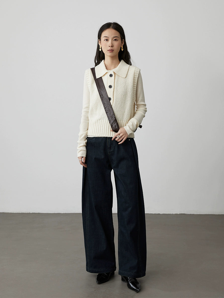 [Versatile pants type] CAREMIND dark blue high-waisted A-version wide-leg jeans, meat-covering and thin straight pants