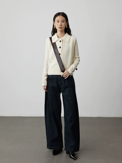 [Versatile pants type] CAREMIND dark blue high-waisted A-version wide-leg jeans, meat-covering and thin straight pants